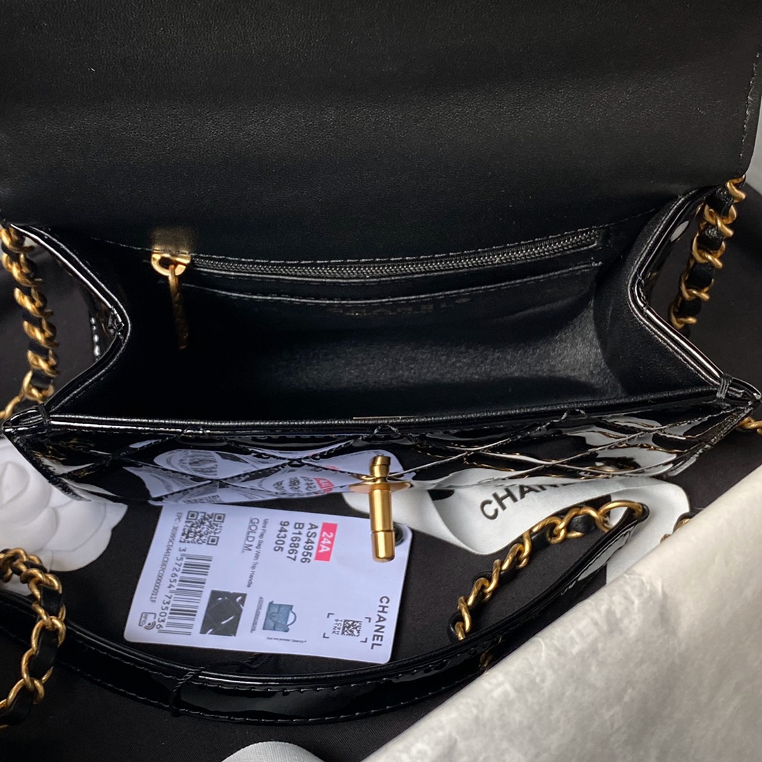 TOP CHANEL Patent Leather Bag 13×18×8cm/17×21×8.5cm - GHW - Black