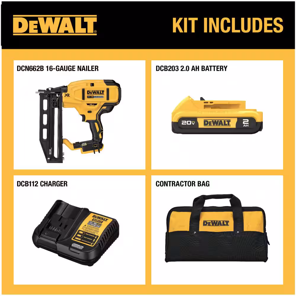 20V MAX XR Lithium-Ion 16-Gauge Cordless Finish Nailer Kit with 2.0Ah Battery, Charger and Kit Bag