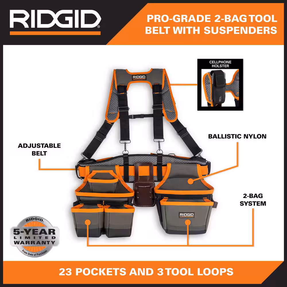 29 in. 23 Pocket Professional Grade 2-Bag Suspension Rig Work Tool Belt with Suspenders