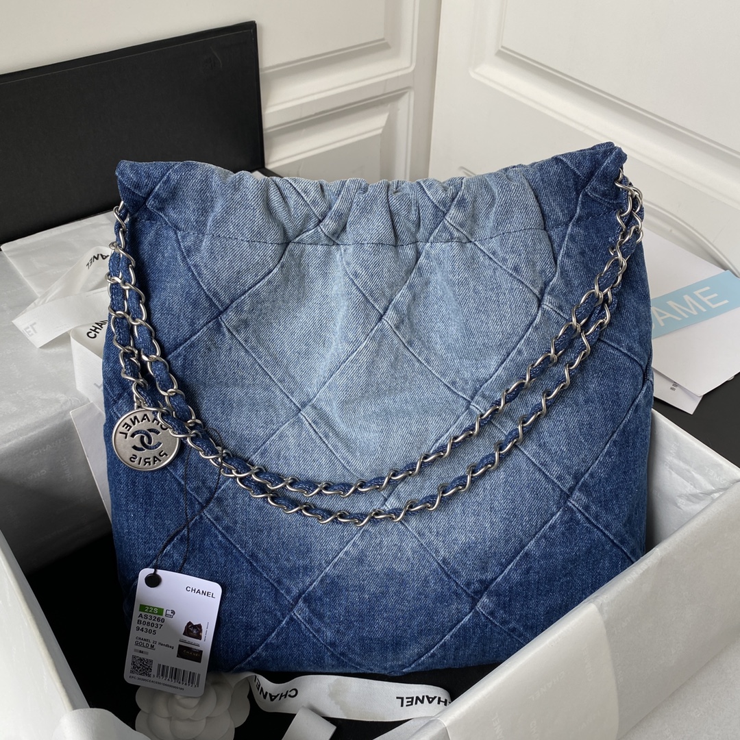 TOP CHANEL Gabrielle Travel Metal/Denim Interwoven Chain 35x37x7cm/39x42x8cm - Navy