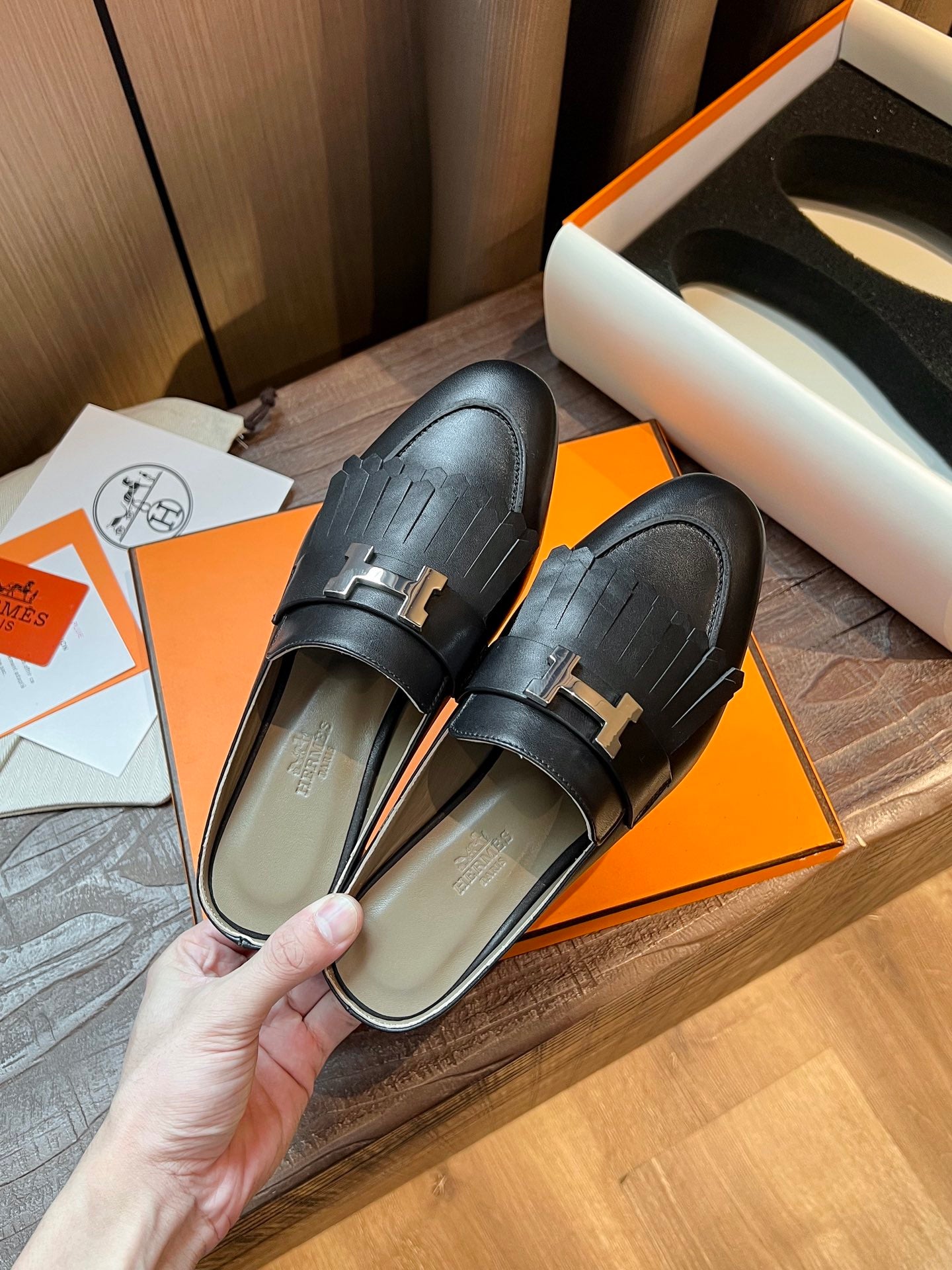 TOP HERMES Rivoli Mules - Black & SHW
