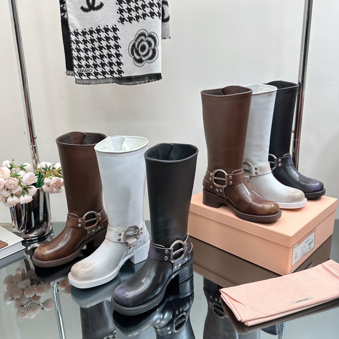 TOP Miu Miu Retro Western Catwalk Motorcycle High Boots - 3 Colors - Waxed Calfskin with 1 Buckle