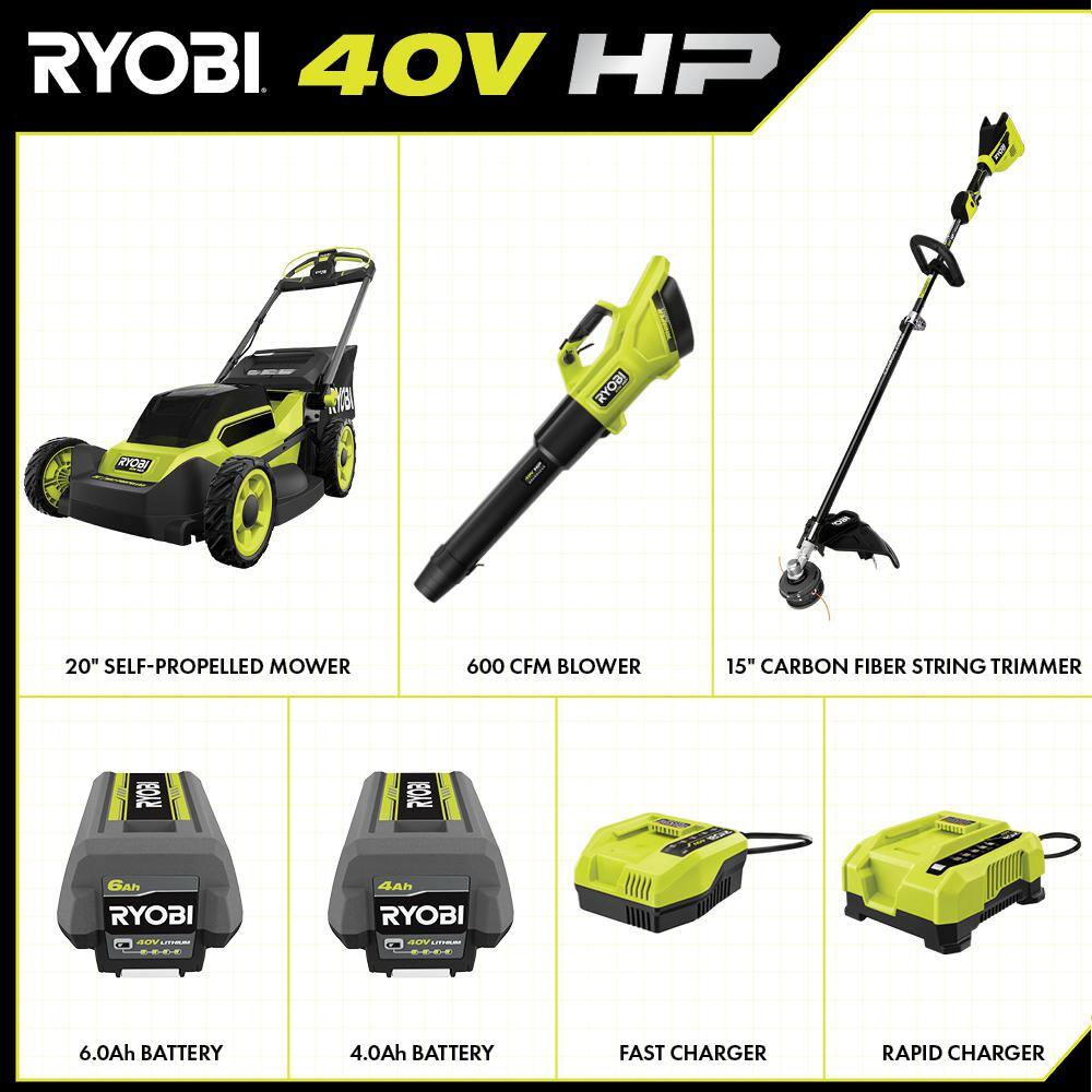 40V HP Brushless 20 in. Cordless Battery Walk Behind Self-Propelled Mower, Trimmer, Blower with Batteries and Chargers