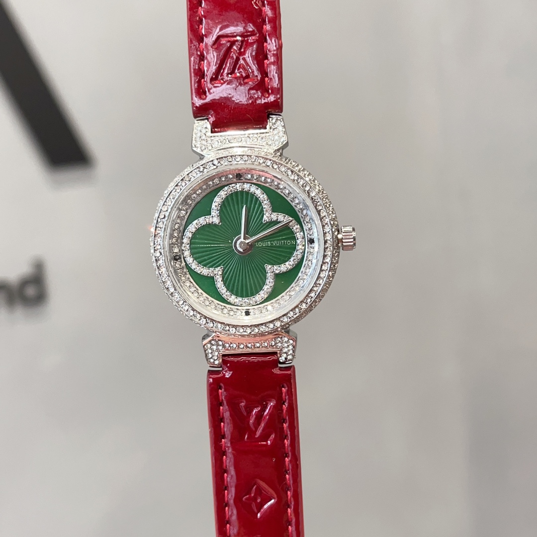 TOP Louis Vuitton LV Tambour Slim Monogram Lady Watch Leather 36mm - 4 Colours - Green Dial