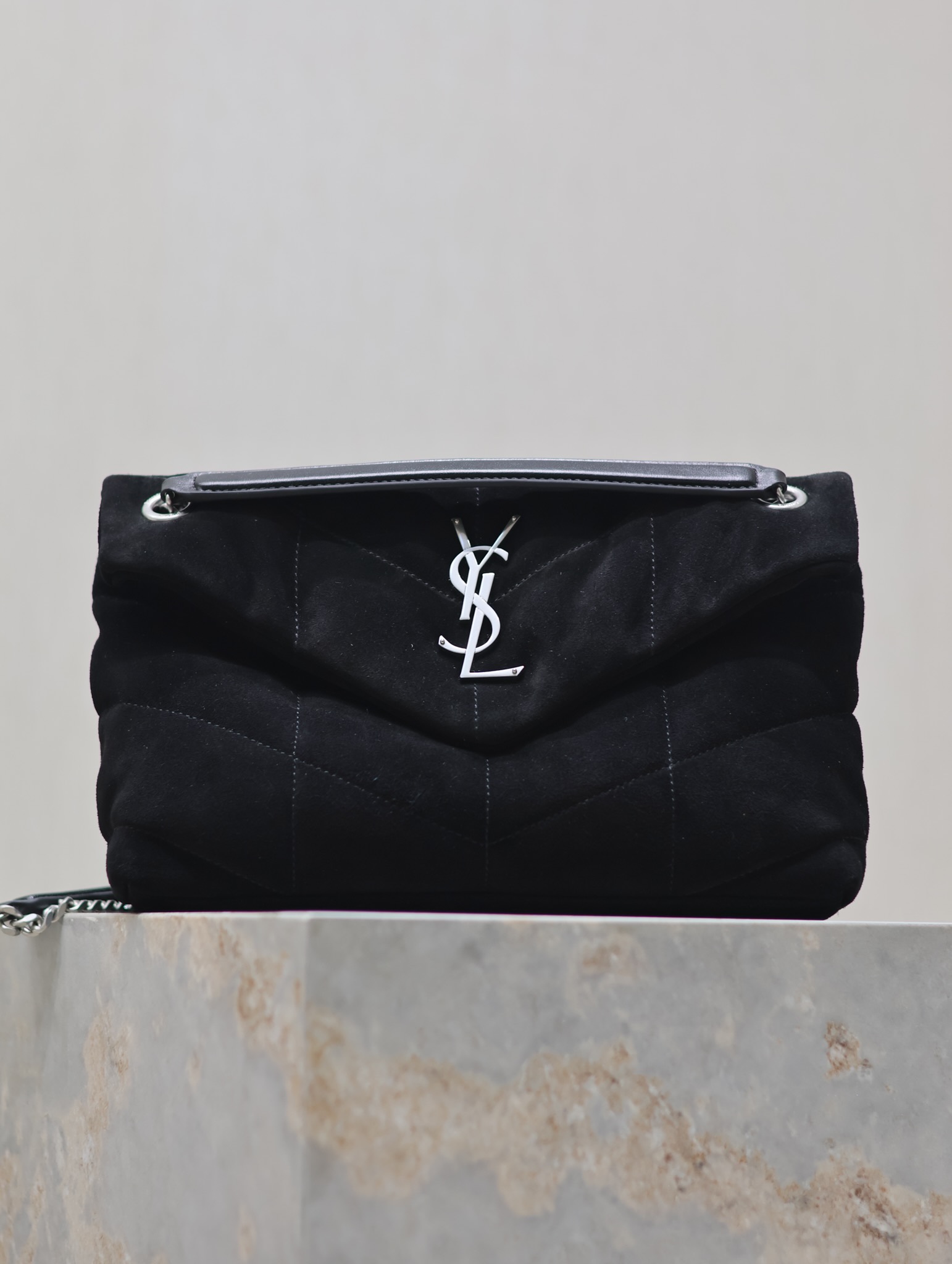 TOP Yves Saint Laurent YSL Puffer  Suede Shoulder Bag 29/35cm- Black&SHW
