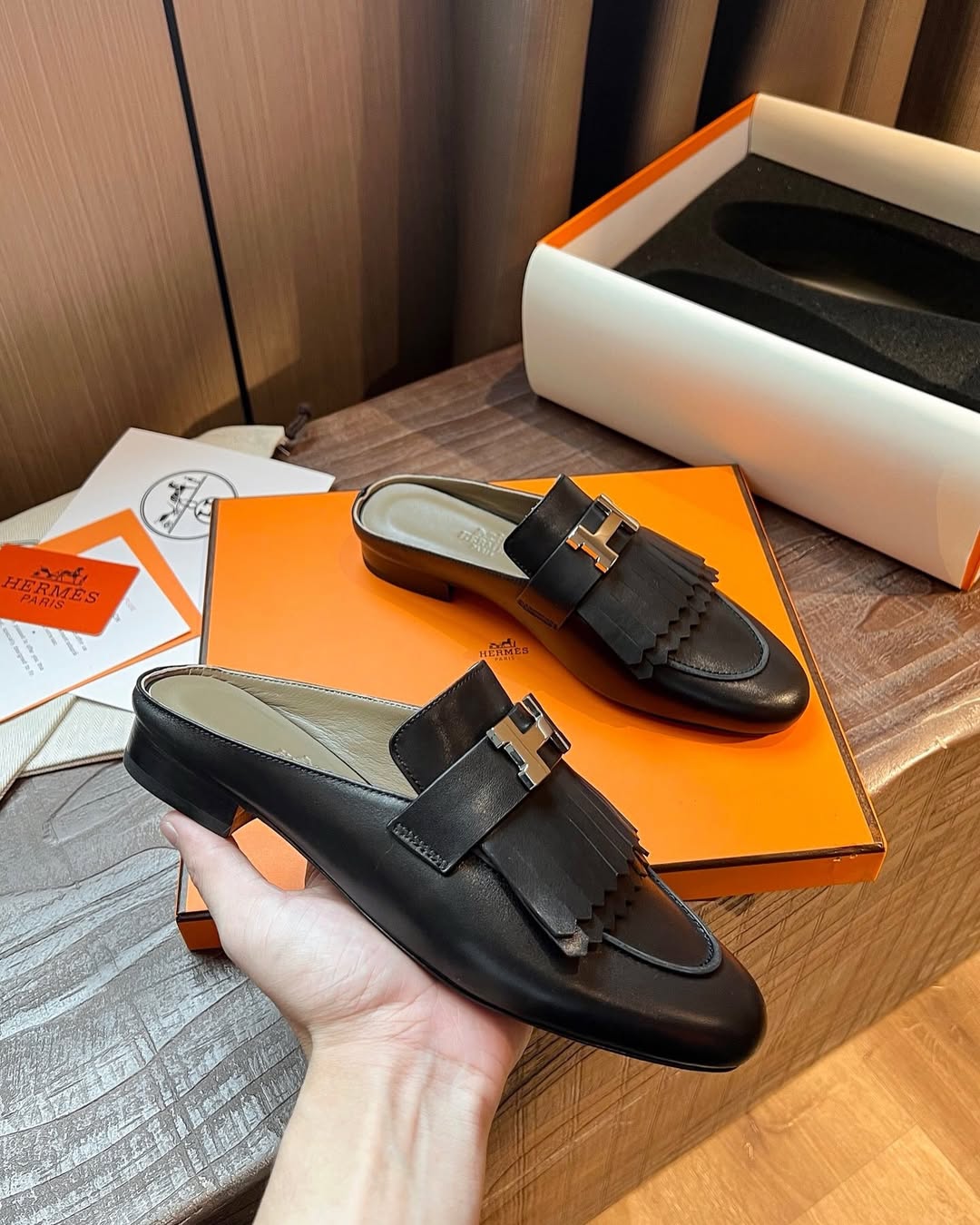 TOP HERMES Rivoli Mules - Black & SHW