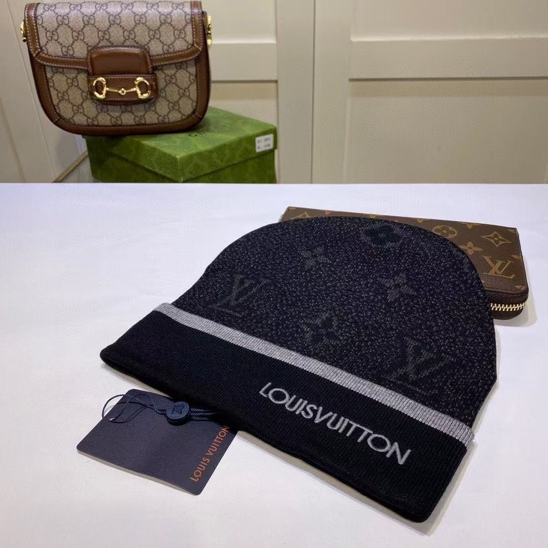 Louis Vuitton Classic Monogram Jacquard Cuffed Knit Beanie, Unisex Warm Winter Hat
