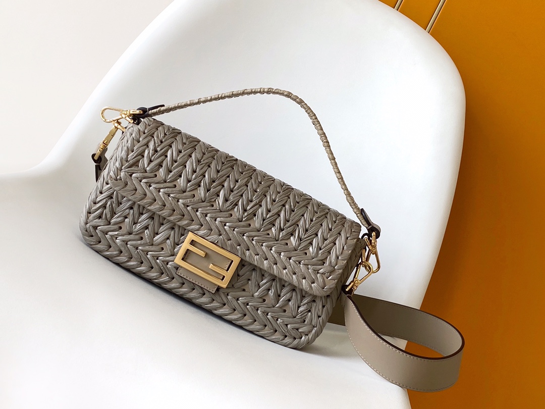TOP FENDI FENDI Baguette Bag Raffia Hand-Woven Bag 27×6.5×15 cm - Gray