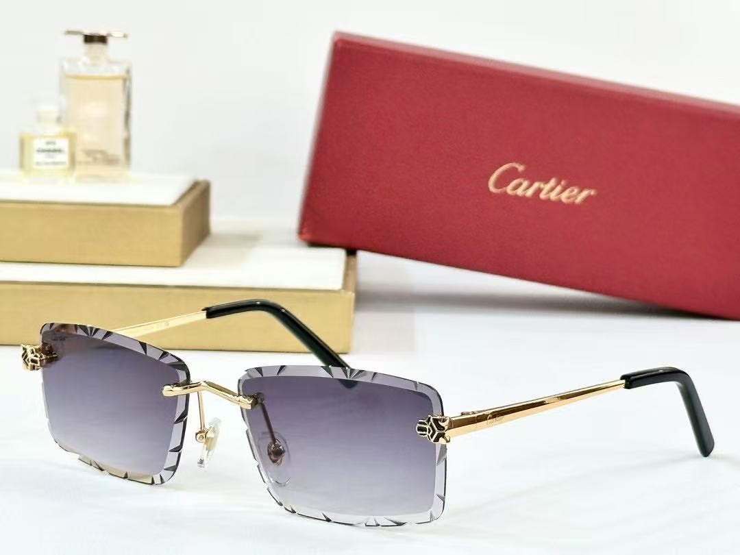 Cartier Rimless Square Sunglasses, Panther Head Carved Temples, Cut Edge Gradient Lenses Luxury Sunglasses for Men Women