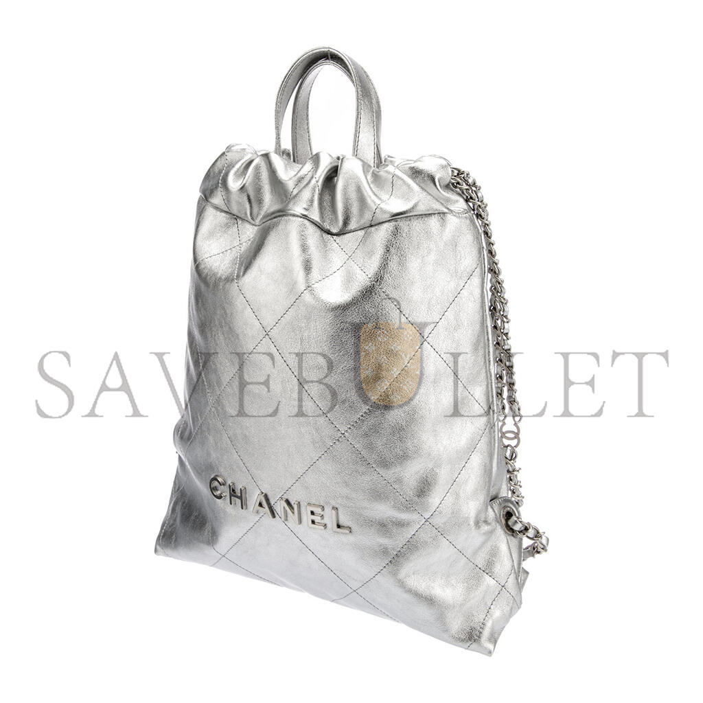 CHANEL MASTER METALLIC CALFSKIN QUILTED CHANEL 22 BACKPACK SILVER (34*29*10.5cm)