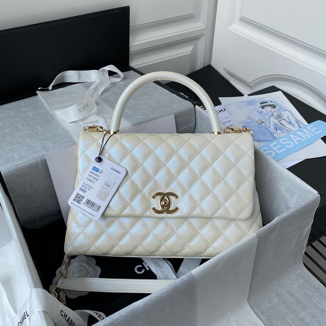 TOP CHANEL CoCo Handle Bag Carviar Large 29cm - Pearl White & GHW