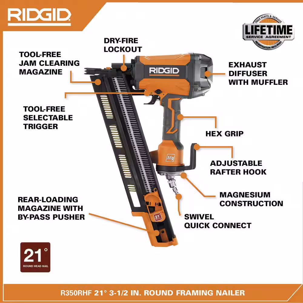 Pneumatic 21-Degree 3-1/2 in. Round Head Framing Nailer