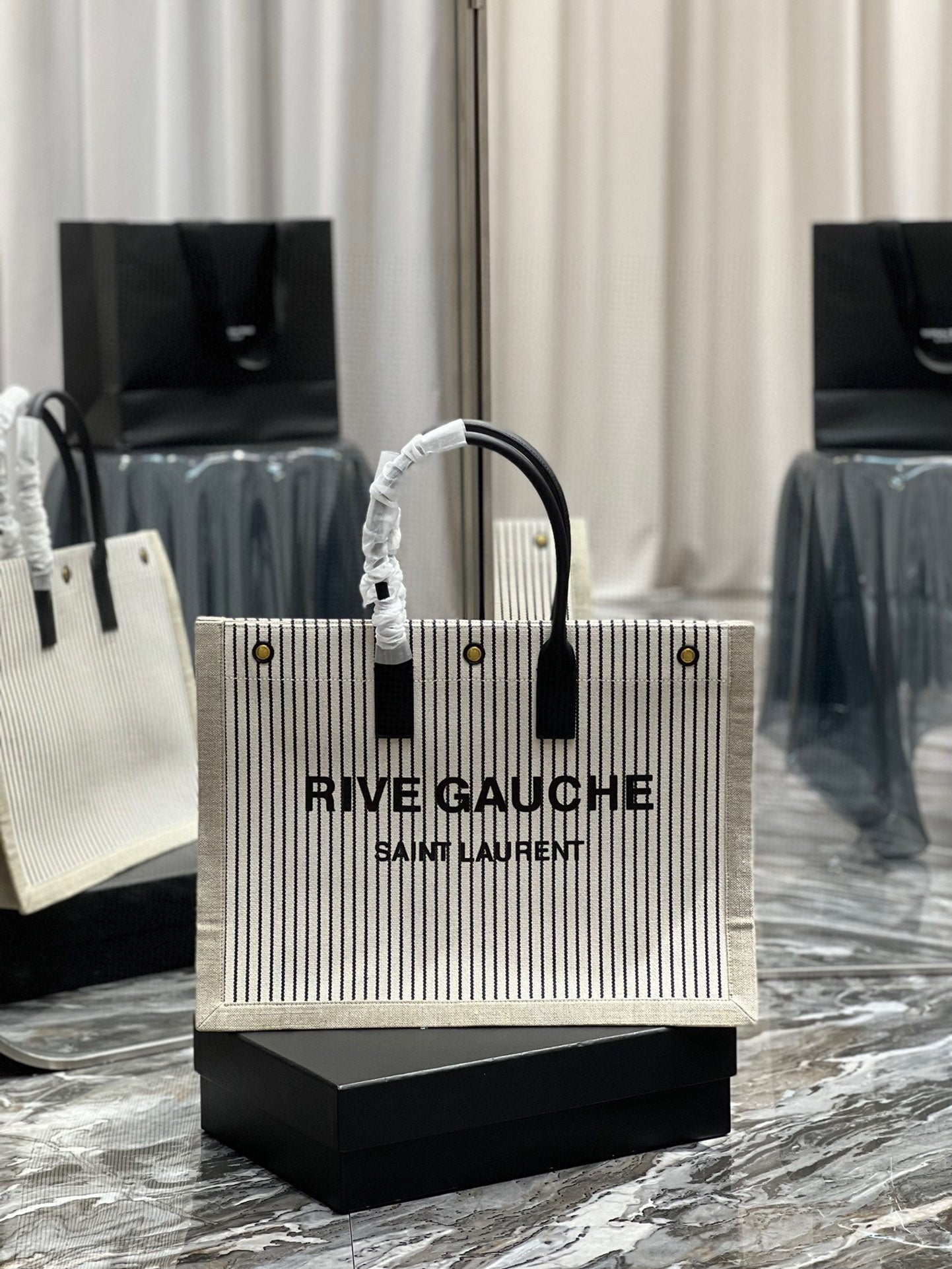 TOP Yves Saint Laurent YSL Rive Gauche Canvas Tote Bag - Tan Black Stripes