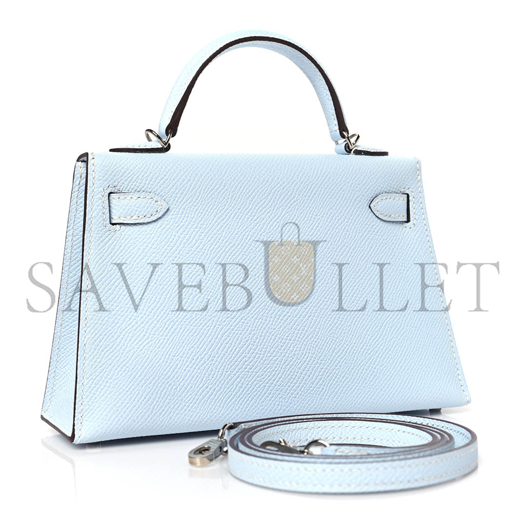 HERMÈS MINI KELLY II EPSOM HAZE BLUE SILVER BUCKLE (19*12*5.5cm)