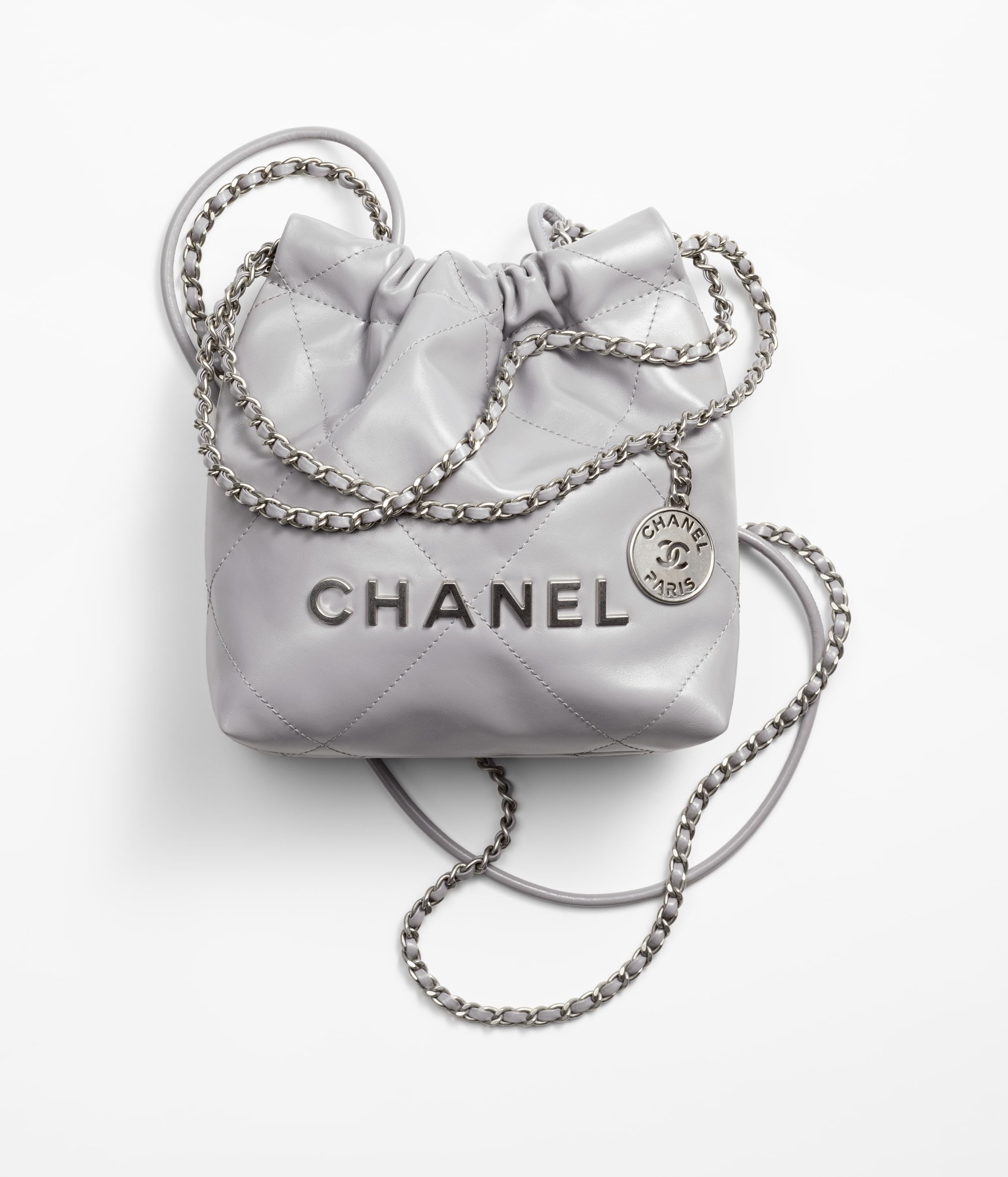 CHANEL 22 MINI HANDBAG Calfskin & Silver Metal Grey