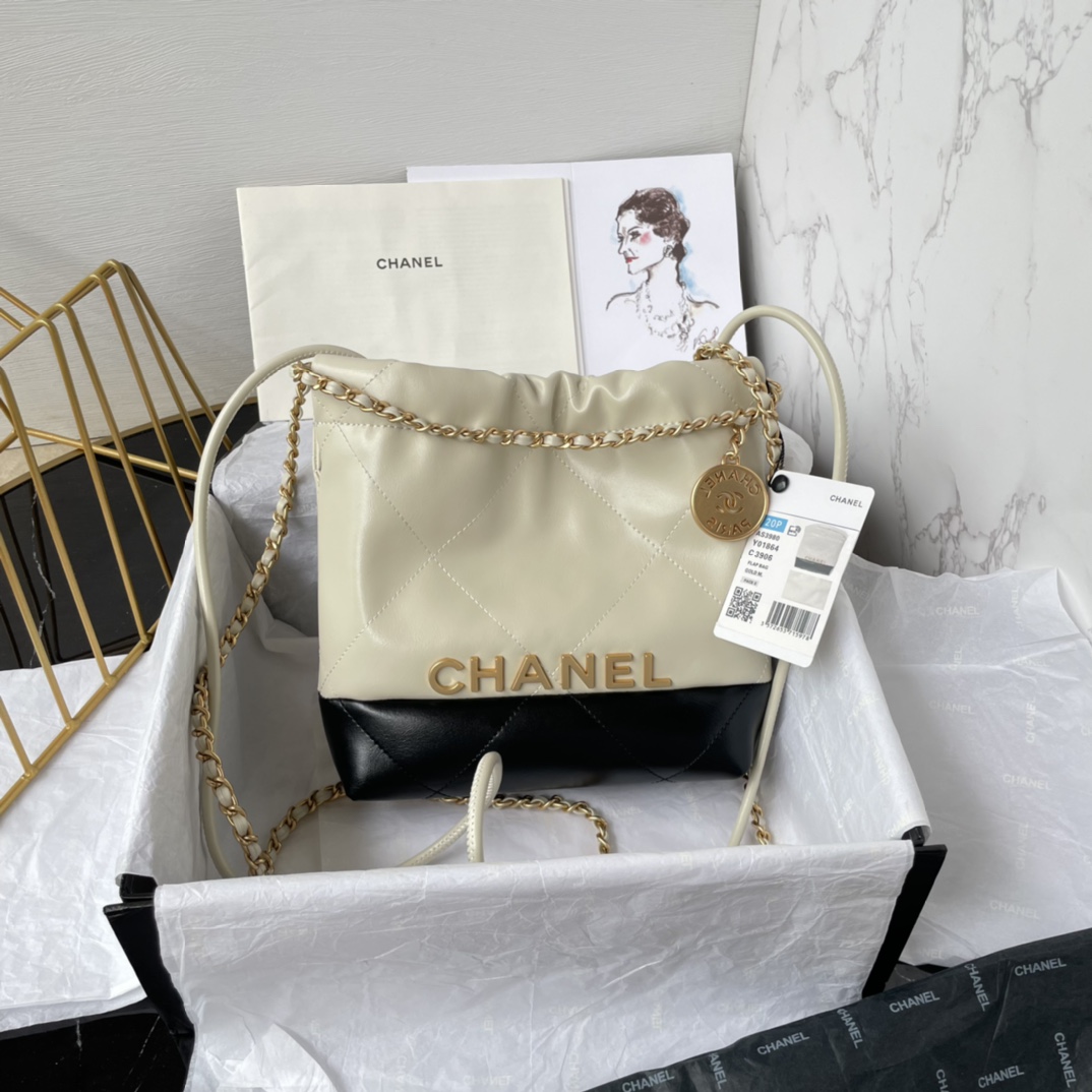 TOP CHANEL Lambskin 22 Bags 19x20x6cm/35x37x7cm/39x42x8cm - Beige Paired With Black - GWH