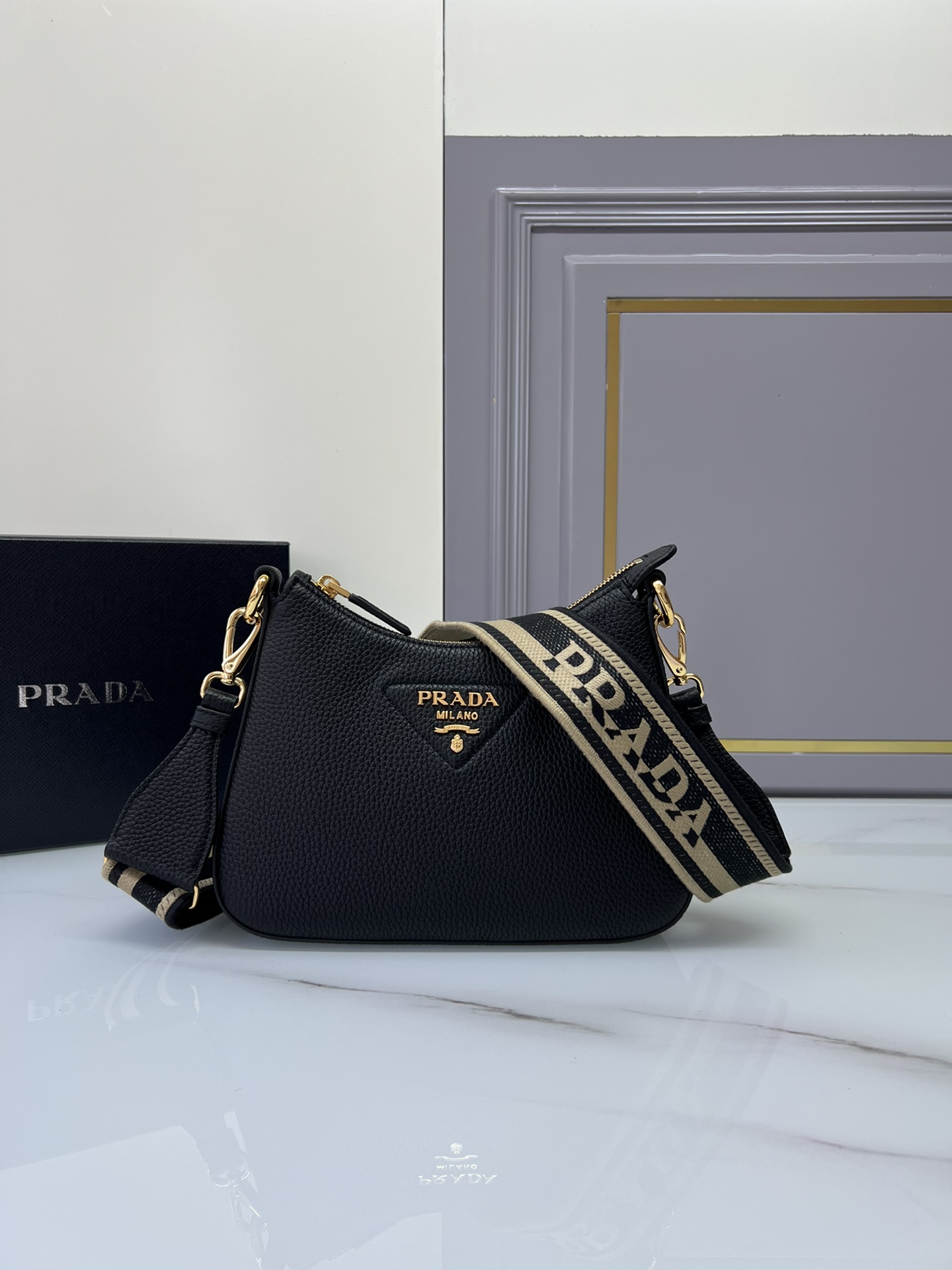 Top PRADA Deer Skin Texture Calfskin Crossbody Bags 24x18x6cm/32x25.5x7.5cm - Black