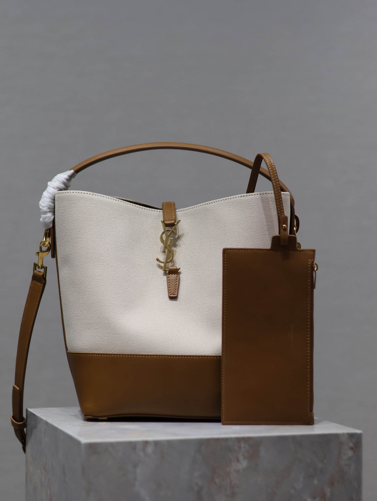 TOP Yves Saint Laurent YSL Le 5A7 Shoulder Bag Cowhide with Cotton and Linen 26x20x12cm - Khaki&Beige