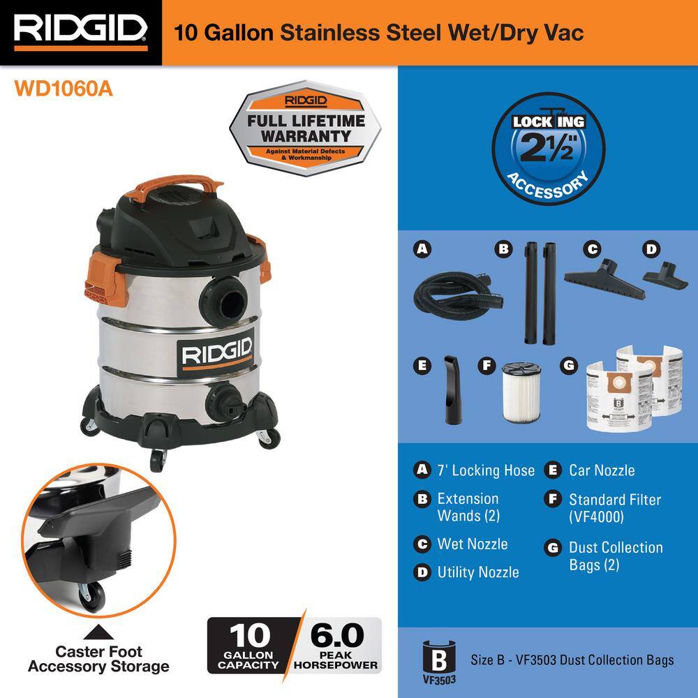 10 Gallon 6.0 Peak HP Stainless Steel Shop Vac Wet Dry Vacuum with Filter, Dust Bags, Locking Hose and Accessories
