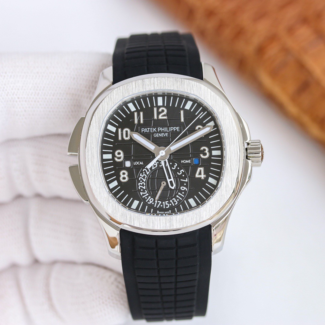 Patek Philippe Men’s Automatic Mechanical Watch, Dual‑Time Black Dial Rubber Strap Business Sports Wrist Watch