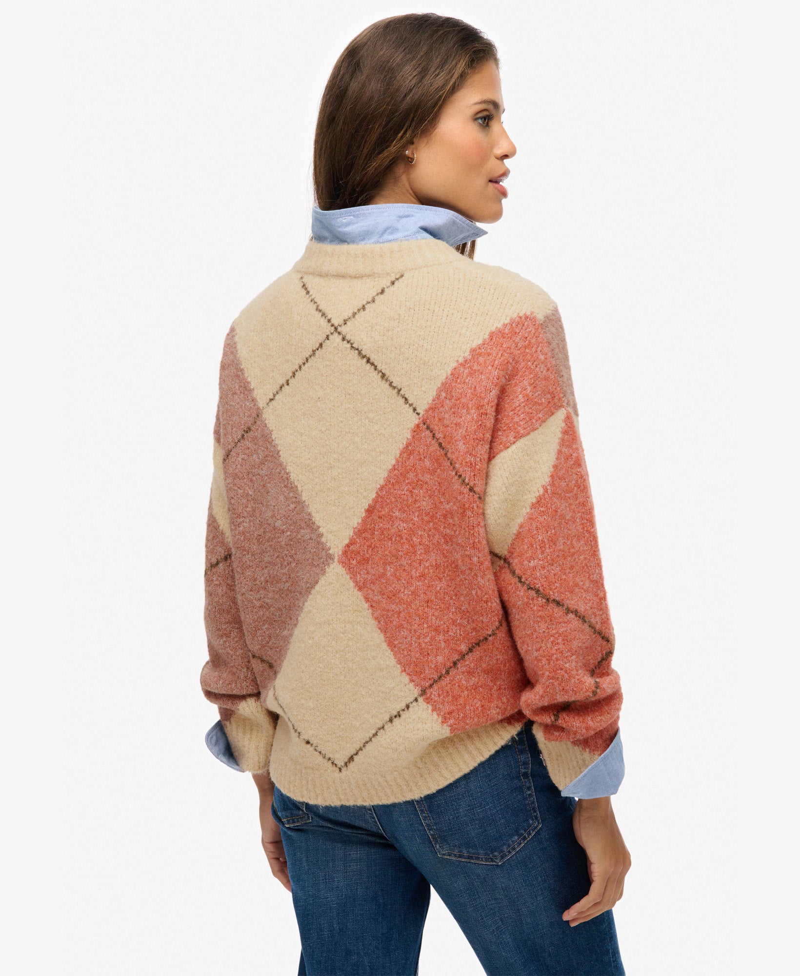 Oversized Argyle V Neck Jumper | Off White Multi