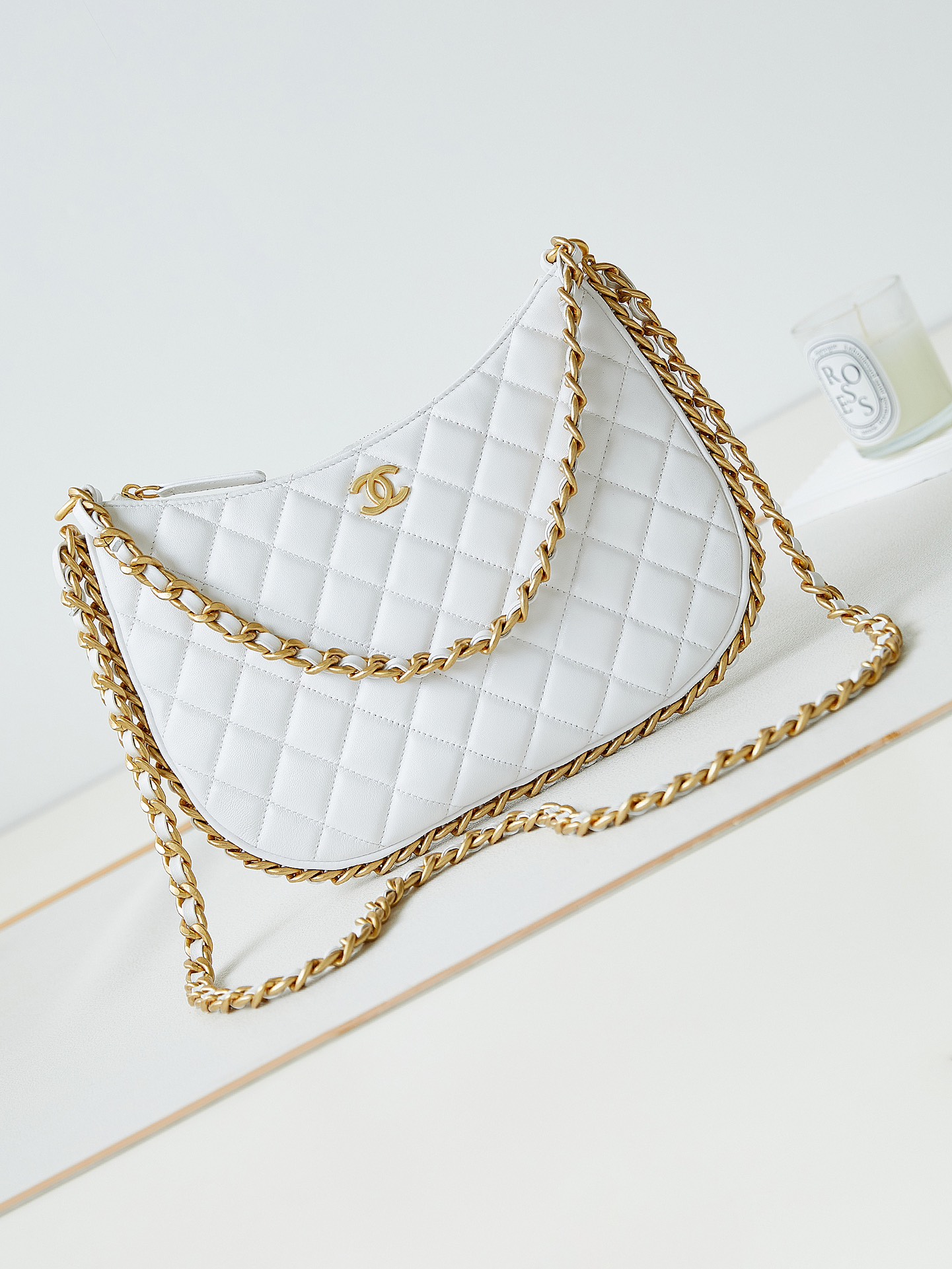 TOP CHANEL Chain Hobo Bags - 15×23.5×2cm/18×29×2cm - White&GHW
