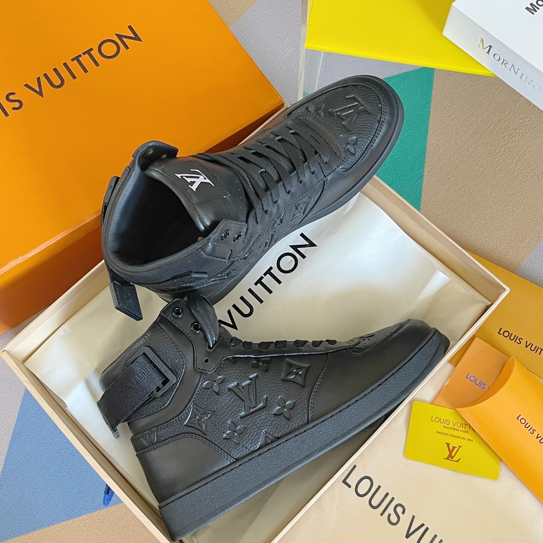 Louis Vuitton Rivoli High‑top Sneakers All Black Embossed Monogram Leather Unisex Shoes