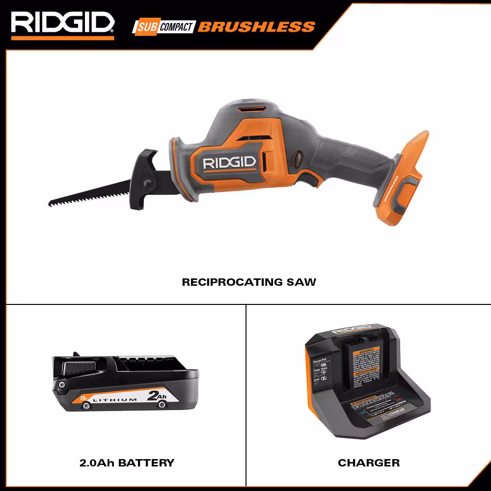 18V SubCompact Brushless Cordless One-Handed Reciprocating Saw Kit with 2.0 Ah Battery and Charger