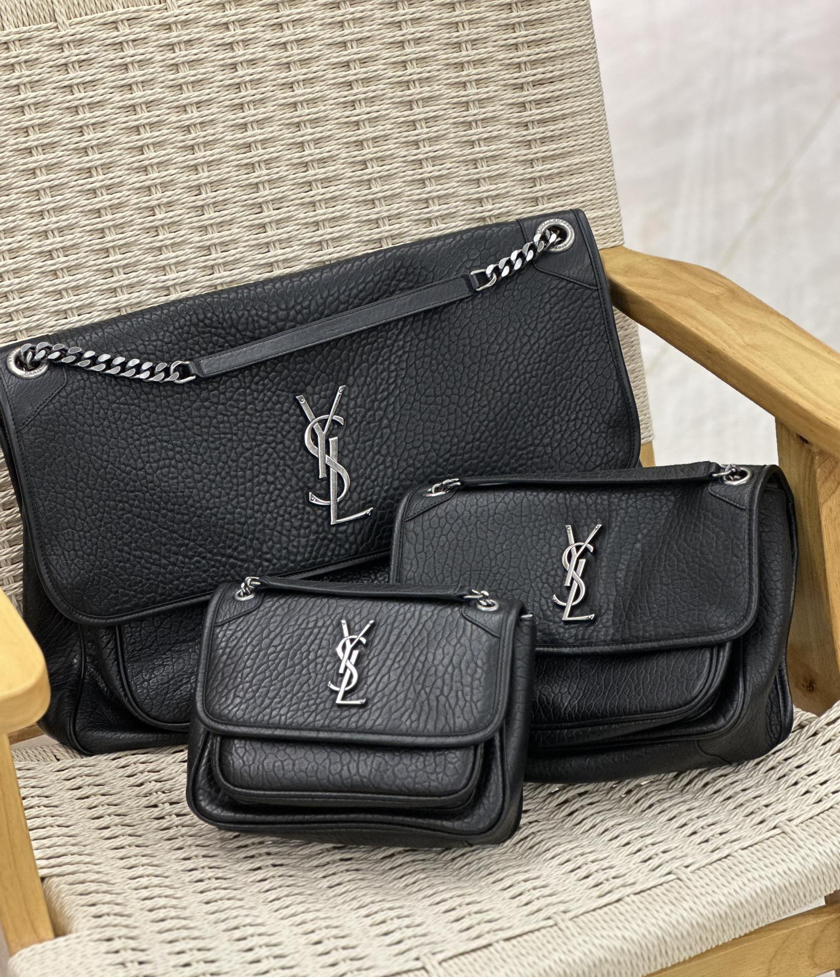 TOP Yves Saint Laurent YSL Elephant Texture Niki Bags - 3 Size - Black&SHW