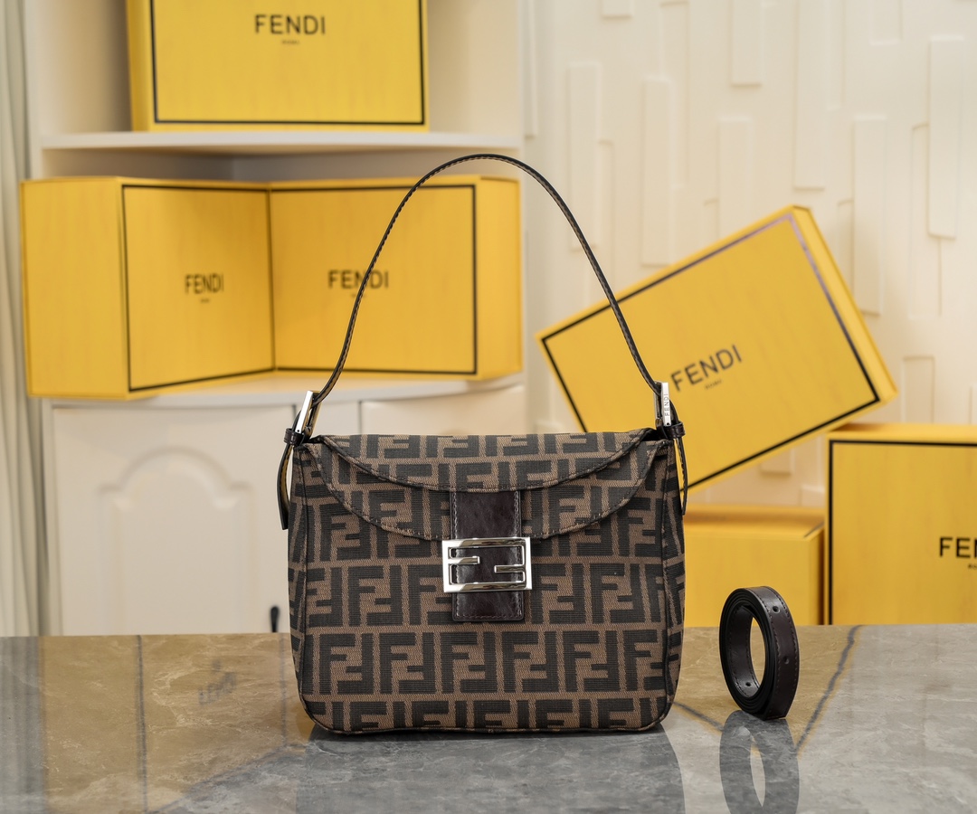 TOP FENDI Zucca Canvas And Leather Mama Baguette Bag 26×10×18cm -Brown