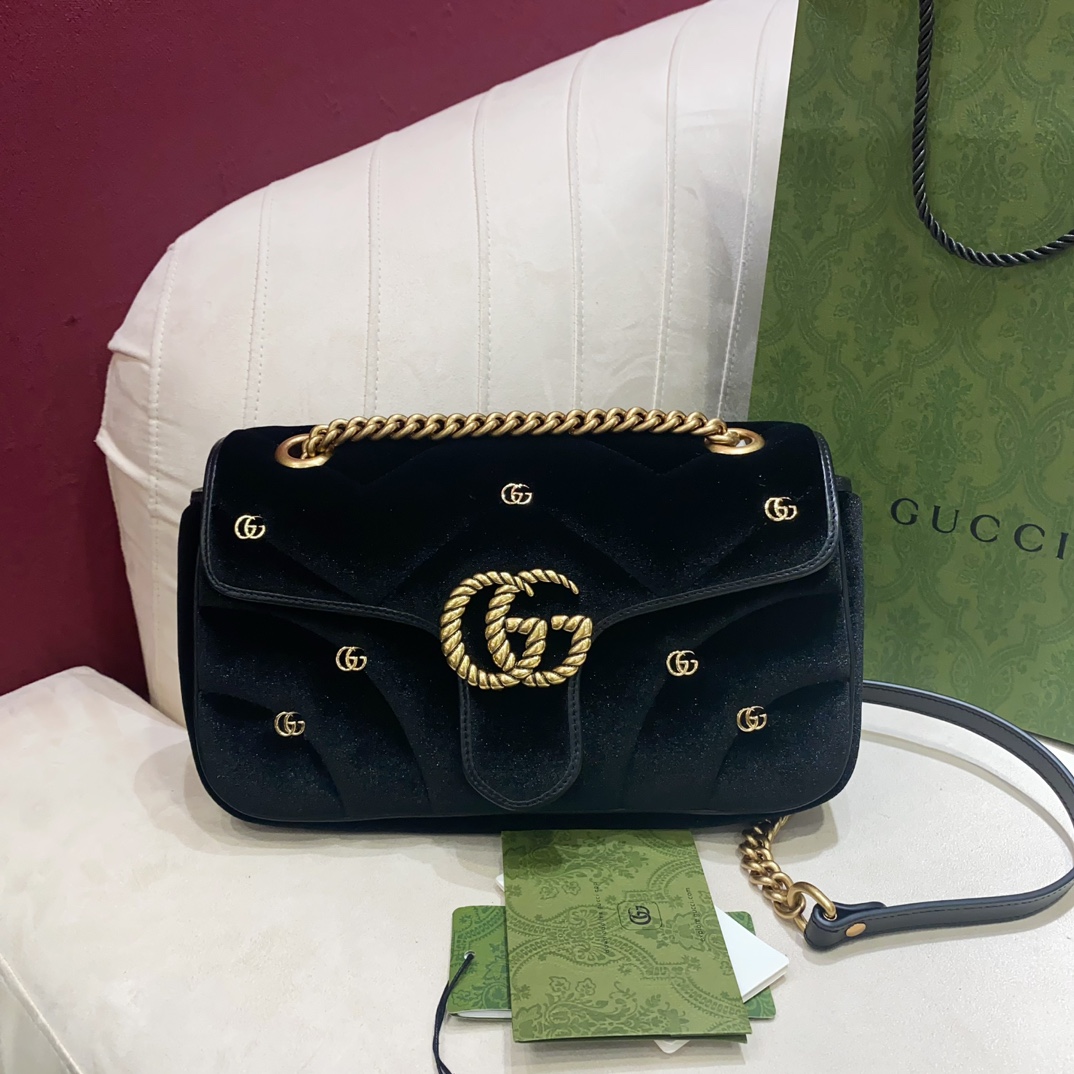 TOP GUCCI GG Velvet Marmont Bag - 22cm/26cm - Black