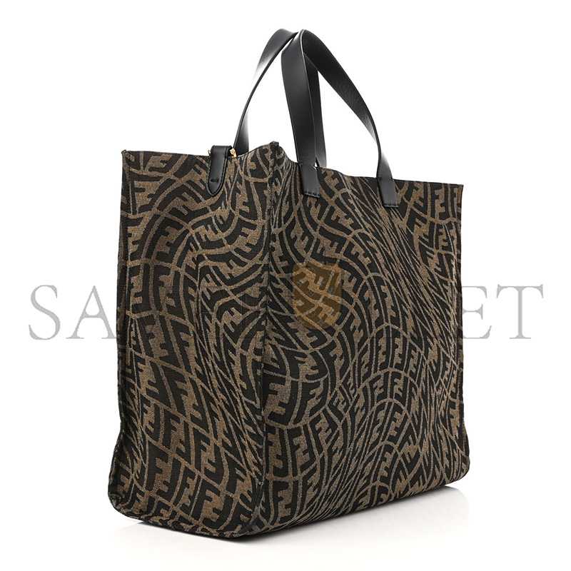 FENDI X SARAH COLEMAN FABRIC JACQUARD VITELLO KING FF VERTIGO SHOPPING TOTE BAG TOBACCO MORO BLACK (39*35*19cm)