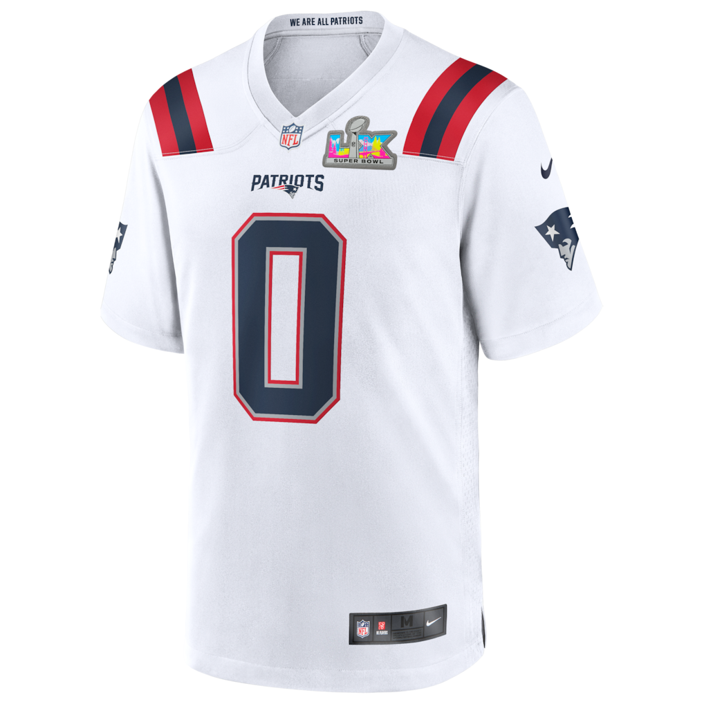 New England Patriots Road Game Super Bowl LX Patch Jersey - White - Christian Gonzalez - Mens