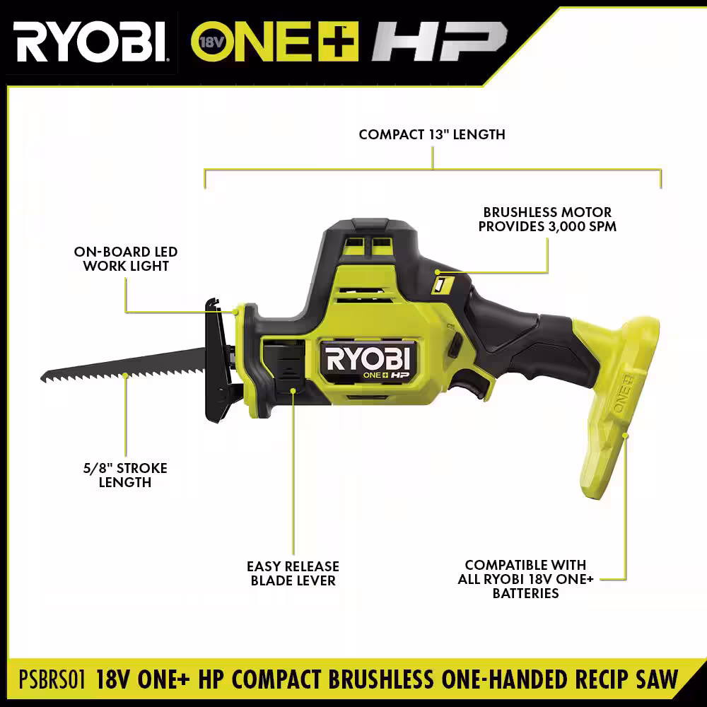 ONE+ HP 18V Brushless Cordless Compact One-Handed Reciprocating Saw (Tool Only)