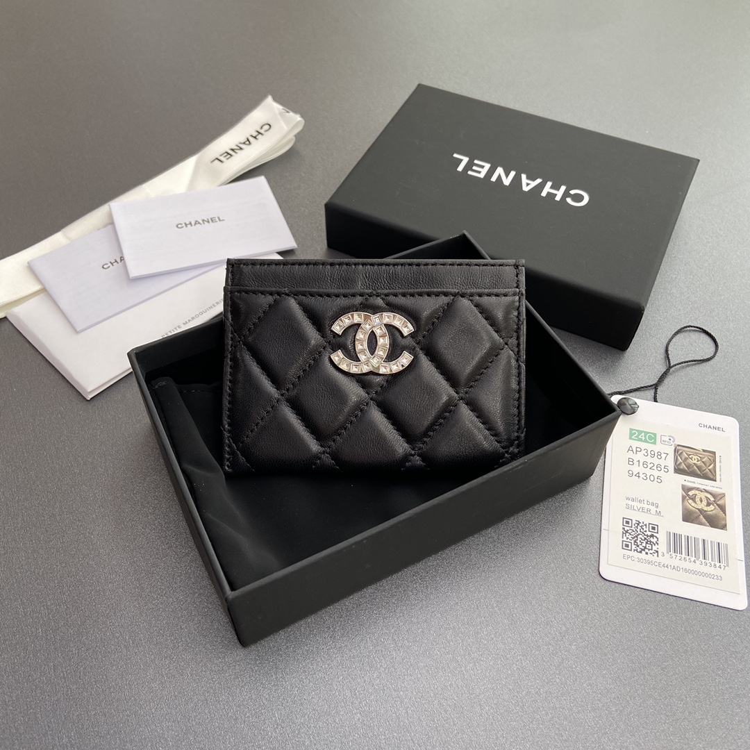 TOP CHANEL Mini Card Holder Lambskin 11x7.5cm - Black