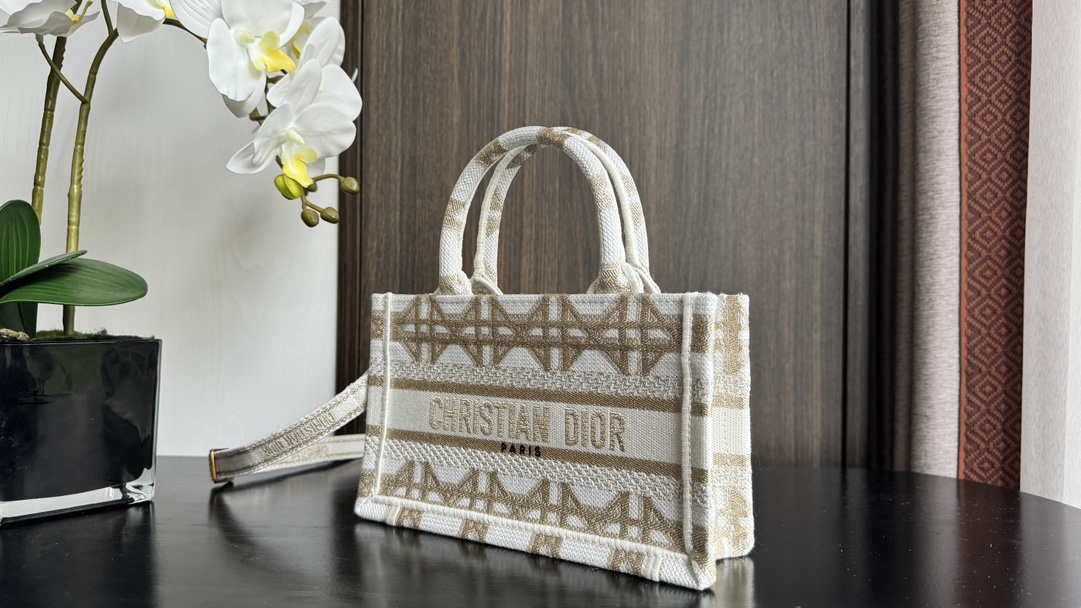 TOP Christian Dior Book Tote Bag Mini 21.5x13x7.5cm with Gold Rhombus Pattern