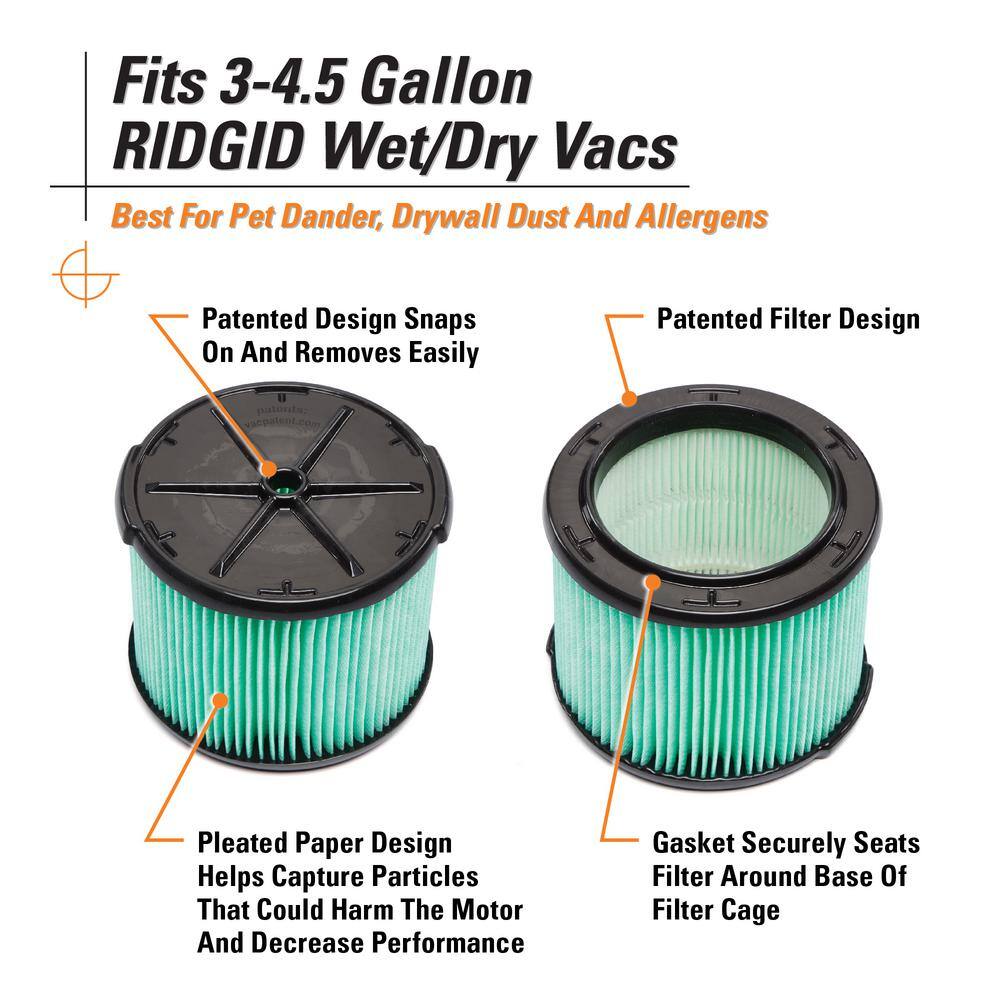 HEPA Material Pleated Paper Wet Dry Vacuum Shop Vac Filter Replacement for Most 3-4.5 Gallon RIDGID Shop Vacs (8-Pack)
