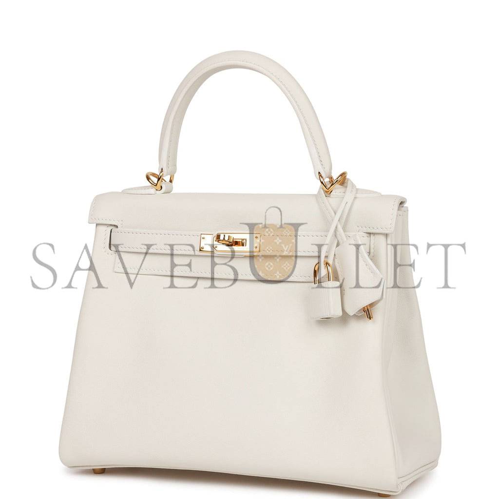 HERMES KELLY 25 WHITE SWIFT GOLD HARDWARE HANDMADE (25*17*7cm)