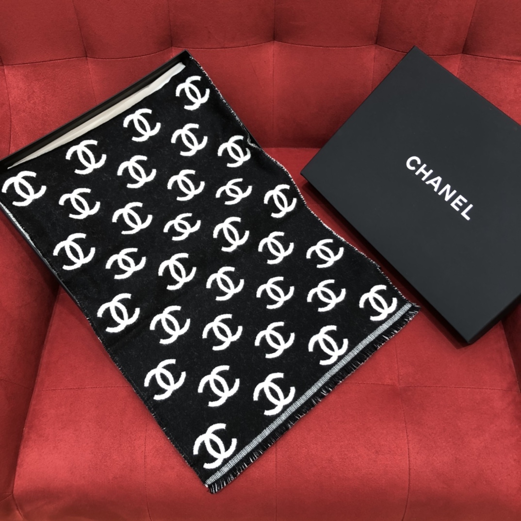 TOP CHANEL CC Wool Scarf 35X180 cm - Black