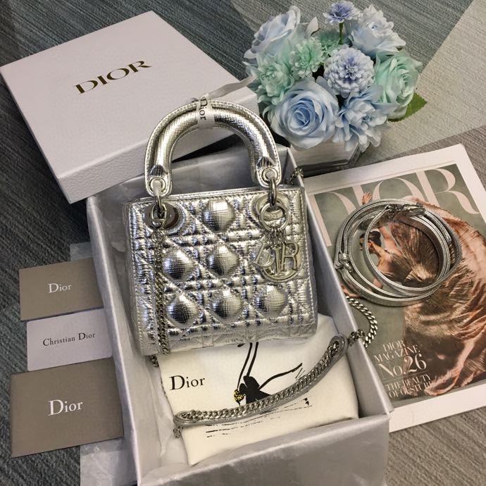 TOP Christian Dior Lambskin Three Grid Lady Dior Bags 17cm - Silvery&SHW