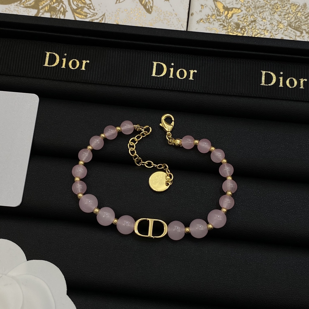 TOP Christian Dior Logo Bracelet + Necklace Set - Pink