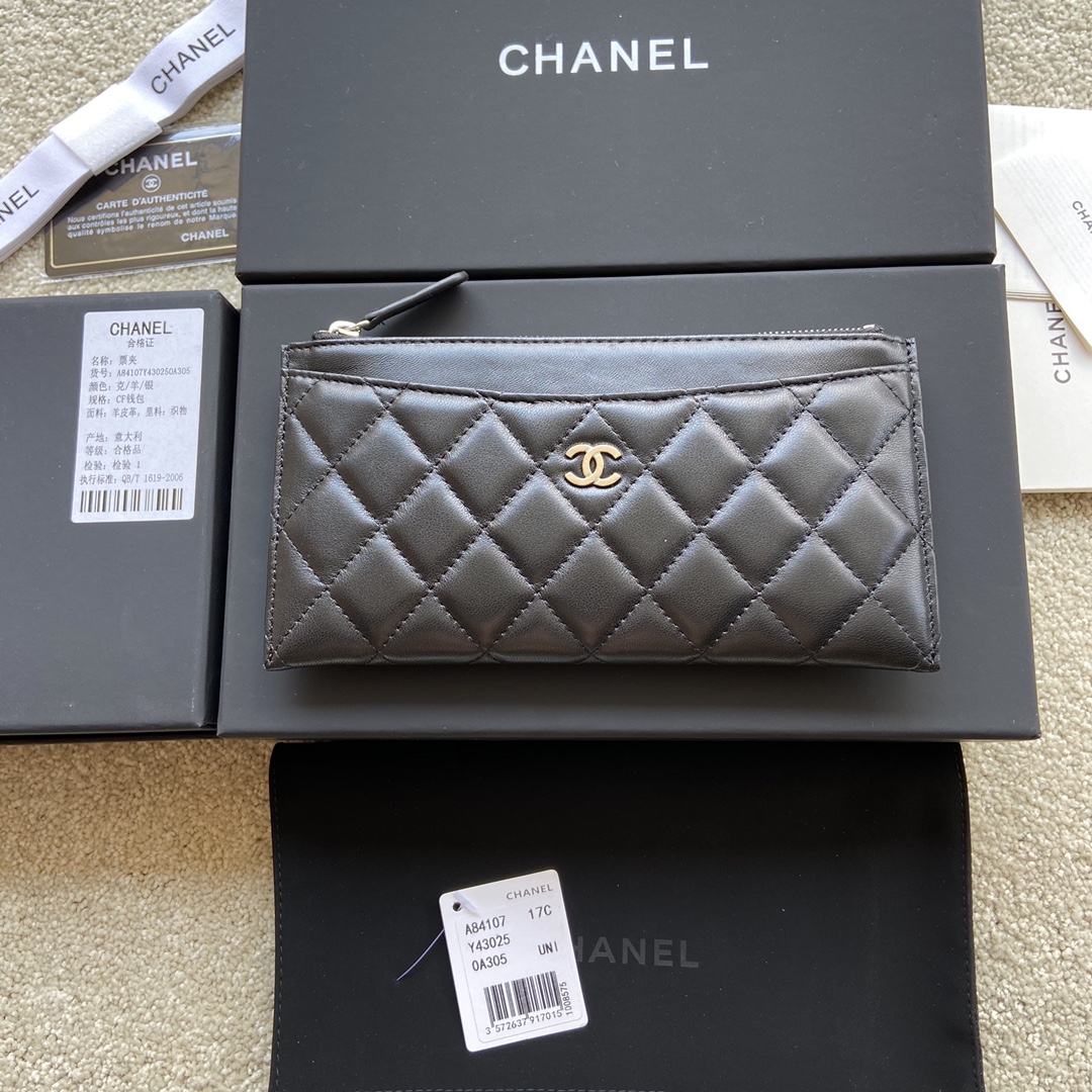 TOP CHANEL Wallet Lambskin 19.5×10×2cm - Black & GHW/SHW