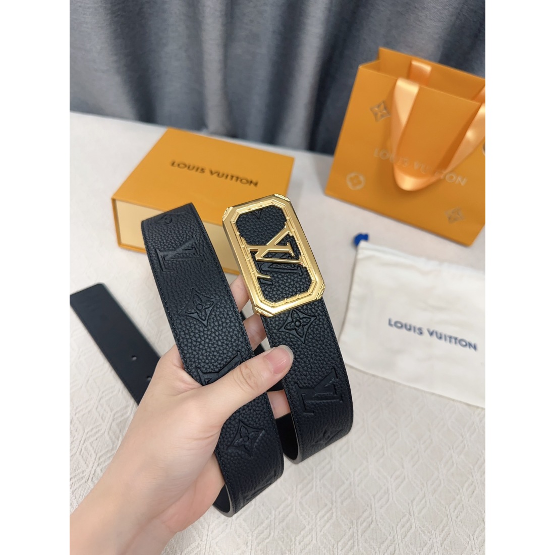 Lv Calfskin Pure Steel Logo Men's Belt 40MM