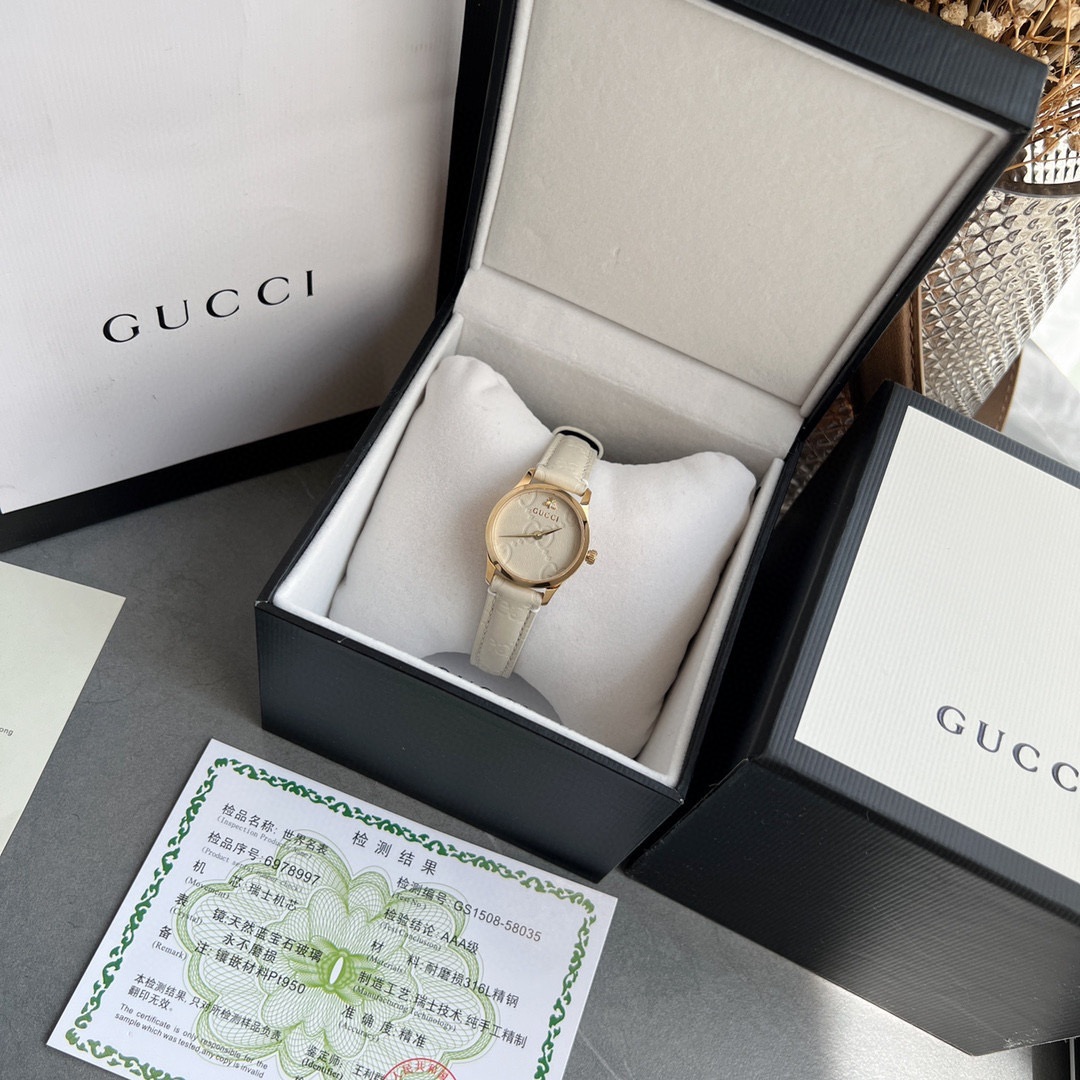 TOP GUCCI G-Timeless Lady Watch Leather 28mm - White & GOLD