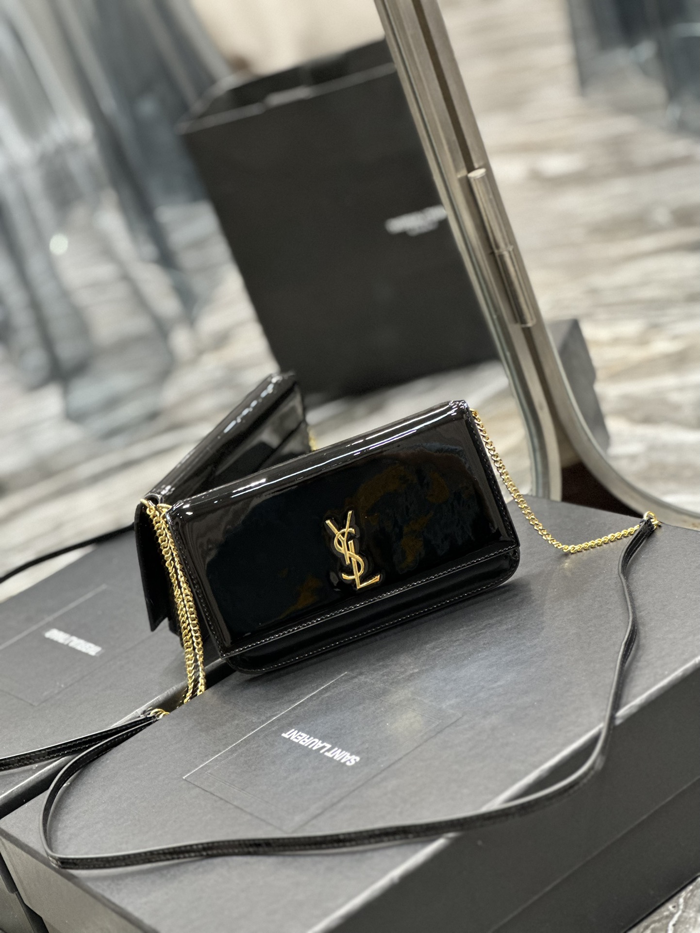 TOP Yves Saint Laurent YSL Monogram Phone Holder MINI Bag - BLACK & GHW - Patent Leather