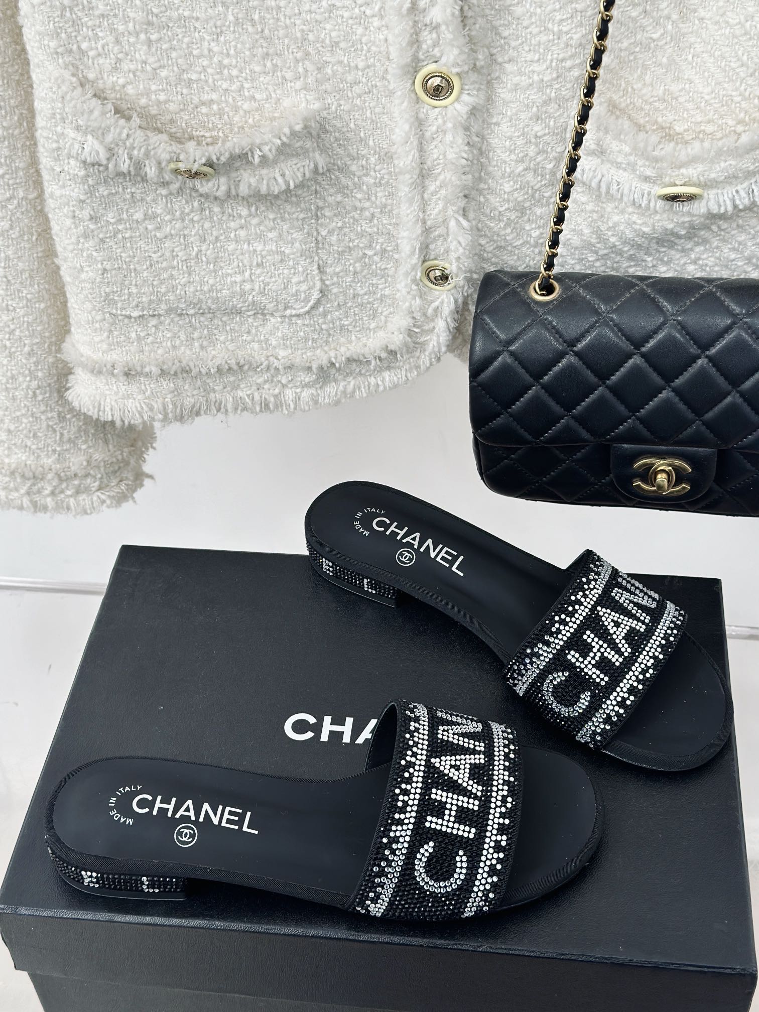 TOP CHANEL Classic Rhinestone Letter Slides 1.5cm - 2 Color