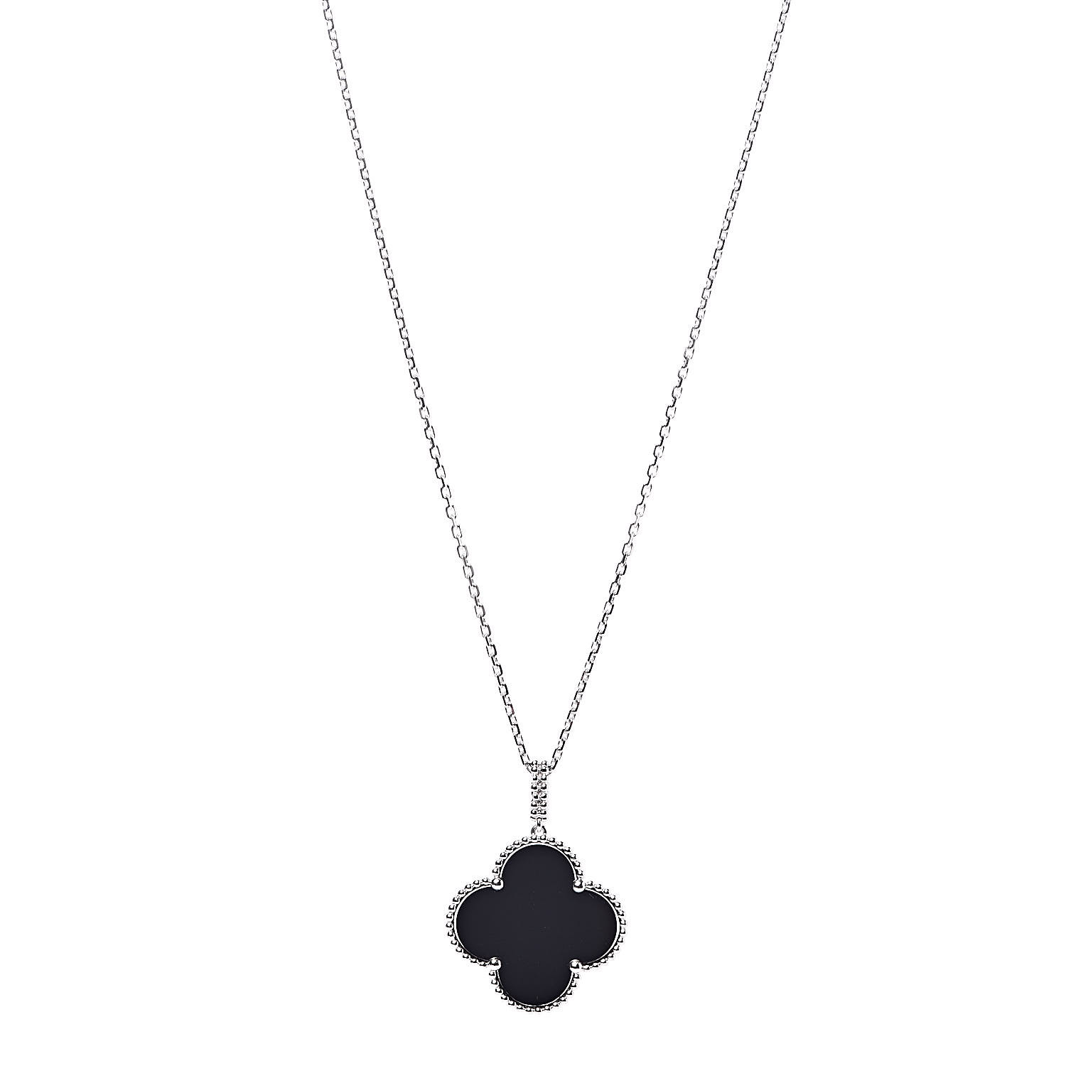TOP Van Cleef & Arpels VCA 18K White Gold Black Onyx Magic Alhambra Pendant Necklace  - Black
