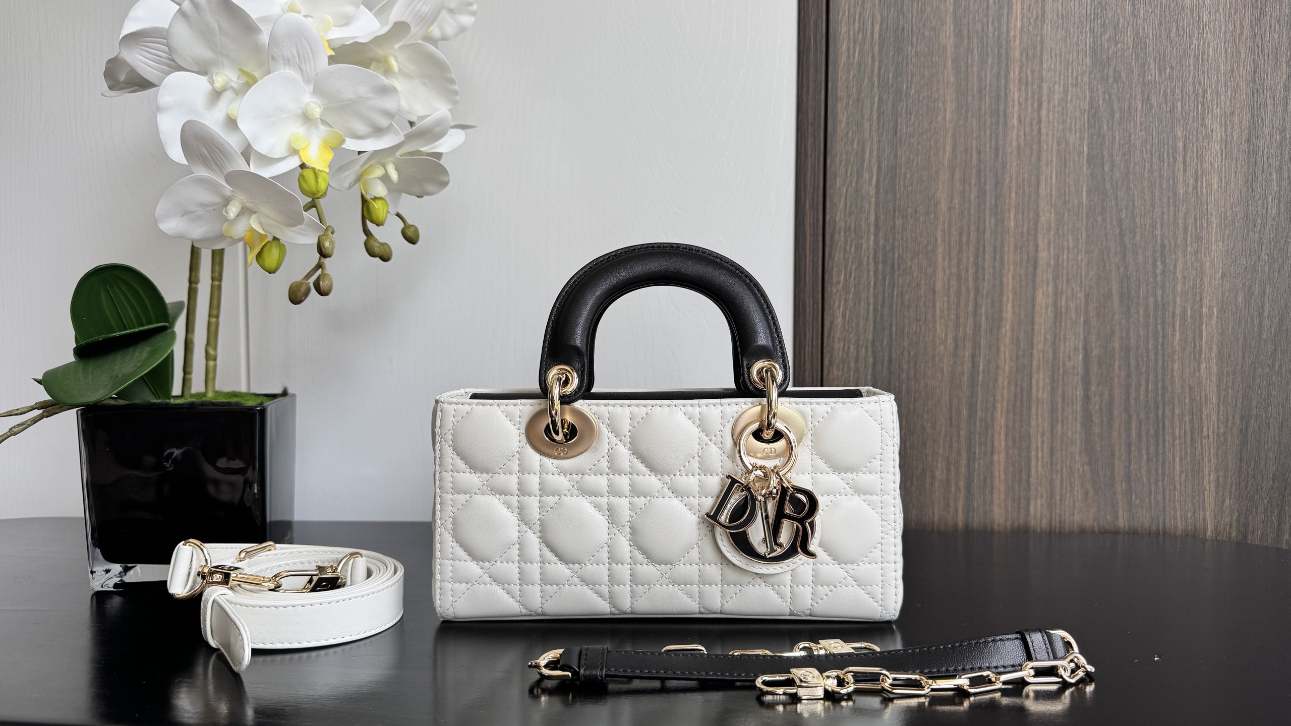 TOP Christian Dior Soft Lambskin Lady D-Joy Bag 22.5×6×11.5cm - White and Black & GHW