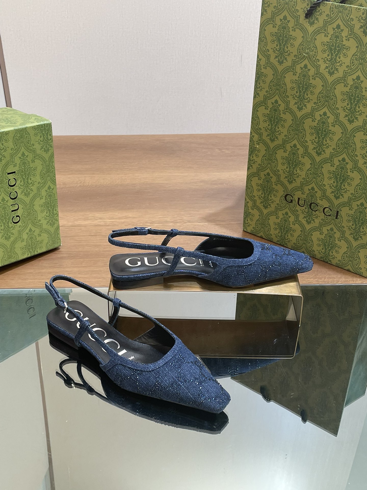 TOP GUCCI GG Rhinestones Flat/Mid Heel/High Heel Mules - Denim