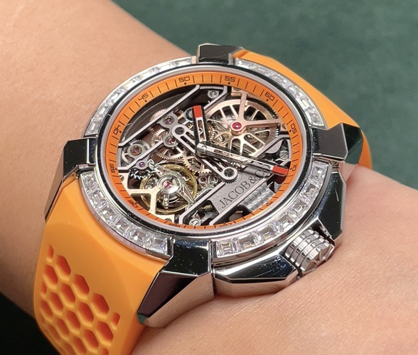 Jacob & Co Epic X Skeleton Mechanical Watch for Men, Diamond Bezel, Orange Honeycomb Rubber Strap
